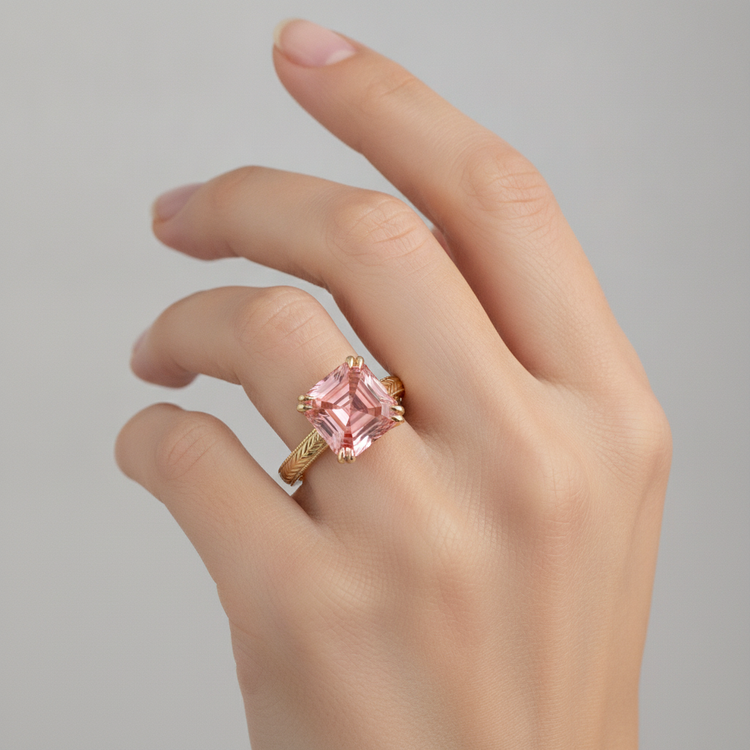 Bague de Fiançailles Solitaire Saphir Padparadscha Pêche Naturel 3,5 Carats Taille Asscher en Or Jaune 14K