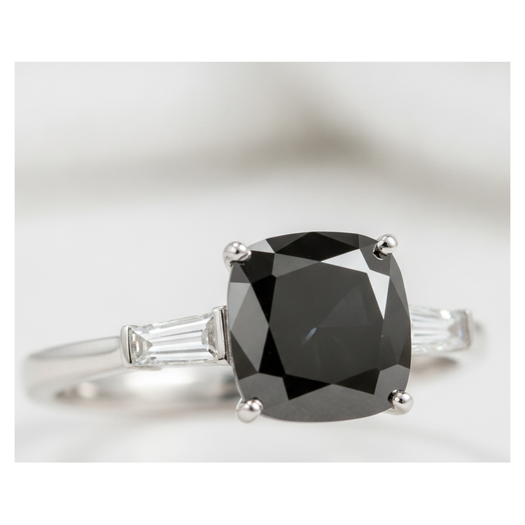 Bague de Fiançailles Trois Pierres en Or Blanc 14 Carats avec Véritable Diamant Noir Taille Coussin et Baguette 3,6 Carats