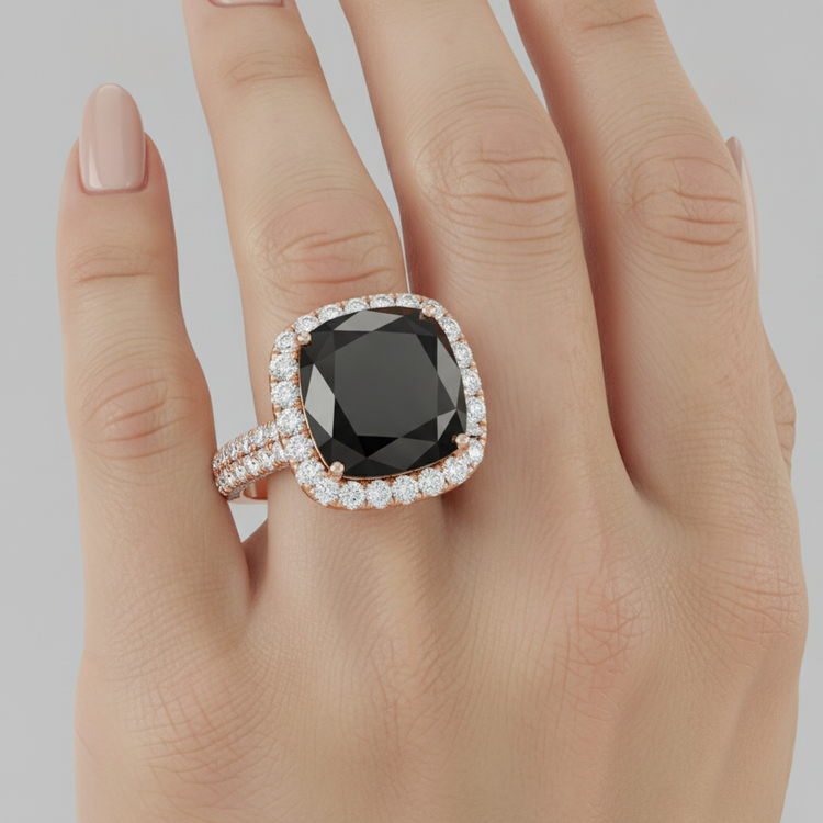 Bague de Fiançailles Halo Coussin en Diamant Noir Véritable 7,2 Carats en Or Rose 14K