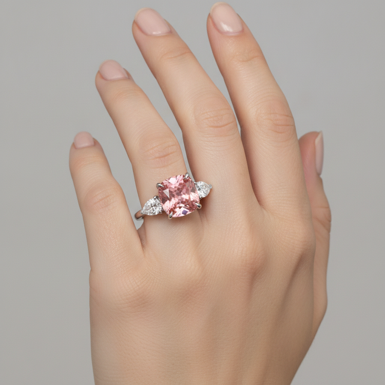 Bague Trilogie en Platine Saphir Padparadscha Naturel Taille Coussin 3,6 Carats