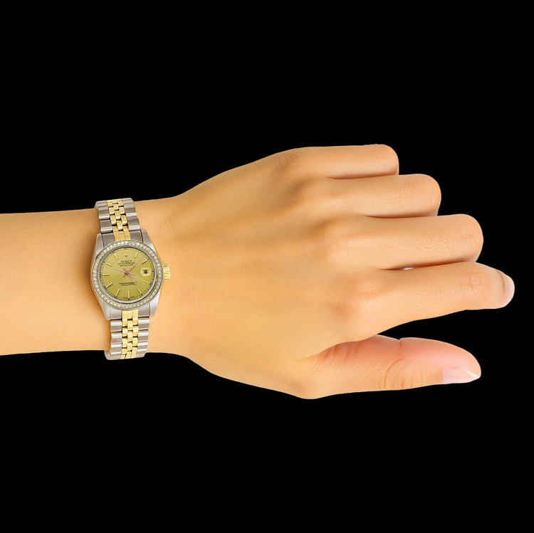 dame bâton de champagne cadran Rolex acier inoxydable et bracelet jubilé en or P2