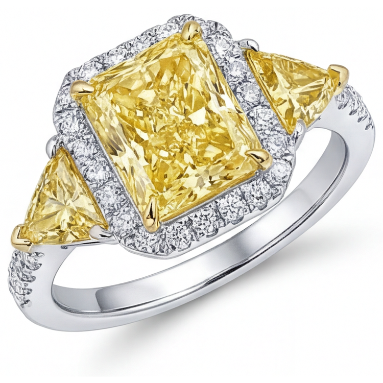 Diamant Jaune Canari Bague Halo 3,5-carats Or Bicolore 14 Carats – vue principale