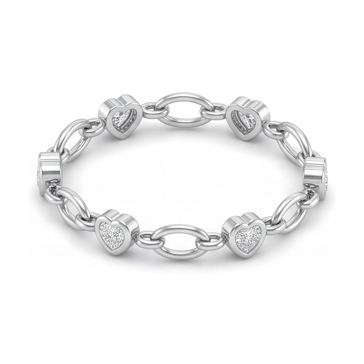 Bracelet Cœur en Diamant de Laboratoire 3 Carats à Maillons Ovales en Or Blanc 14 Carats, 7 Pouces
