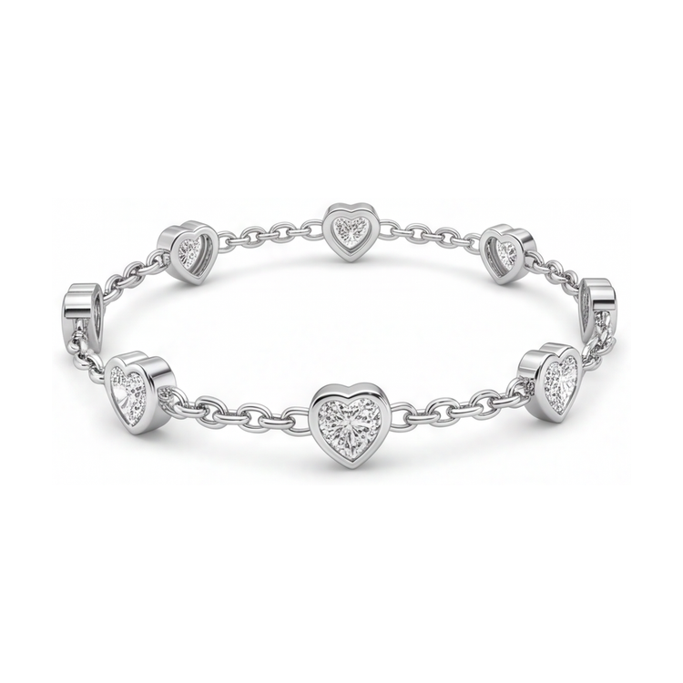 Bracelet station cœur en diamant de laboratoire 3 carats lunette or blanc 14 carats 7 pouces