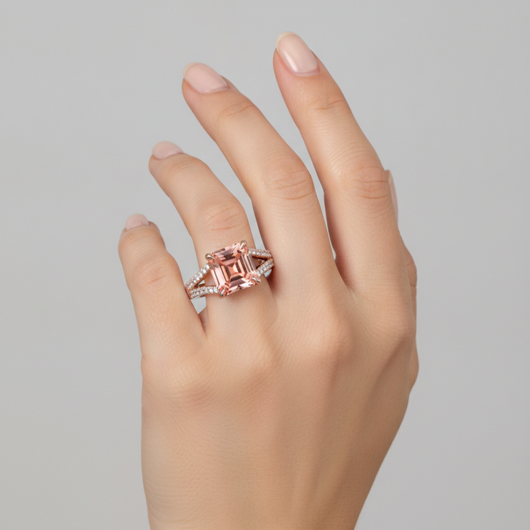 Bague de Fiançailles Saphir Pêche de laboratoire 4,3 Carats taille Émeraude Padparadscha Pavé Or Rose 14K