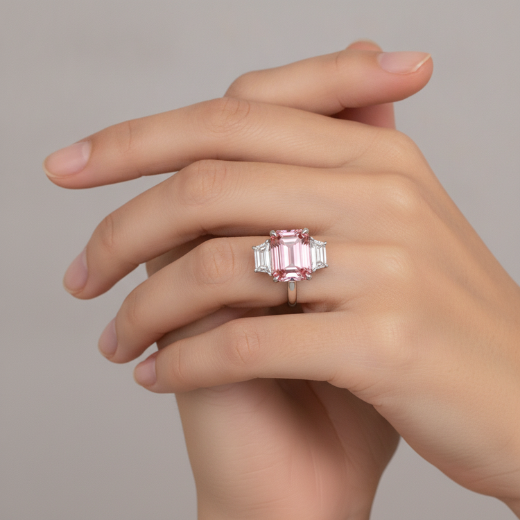 Bague simple trois pierres en or 14 carats avec saphir padparadscha de laboratoire couleur pêche taille émeraude 4,6 carats et trapèzes blancs