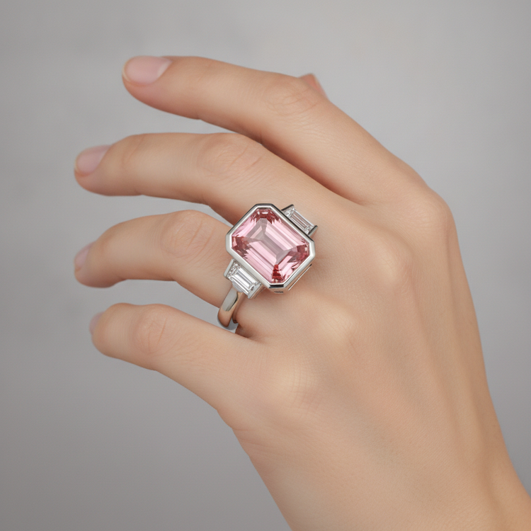 Bague de Fiançailles Padparadscha 3,9 Carats, Saphir Véritable Taille Émeraude et Lunette Baguettes Blanches, Trois Pierres, Or 14 Carats