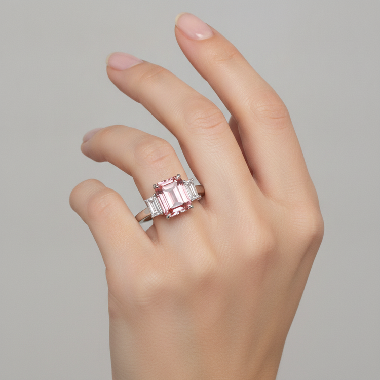 Bague trois pierres en or 14 carats lisse avec saphir Padparadscha véritable taille émeraude de 2,9 carats et baguettes blanches