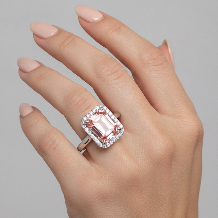 Bague de Fiançailles en Saphir Pêche 2,8 Carats, Véritable Émeraude, Halo Padparadscha, Or Blanc 14K