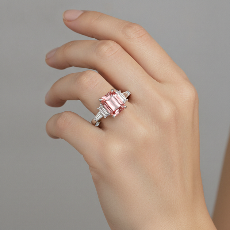 Bague de Fiançailles Saphir Padparadscha 3,9 Carats, Véritable Émeraude et Baguettes Blanches, Monture Cathédrale Trois Pierres en Or 14 Carats