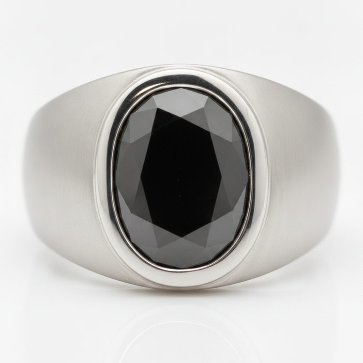 Bague de Fiançailles Diamant Noir Véritable Ovale 3,79 Carats Lunette Fantaisie Platine