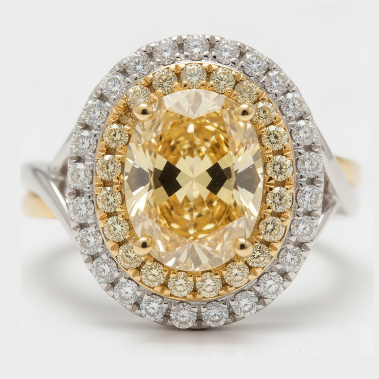 Bague de Fiançailles Pierre Précieuse Jaune Diamant Ovale Véritable Fantaisie Intense 1,01 Carat Double Halo Or 18 Carats