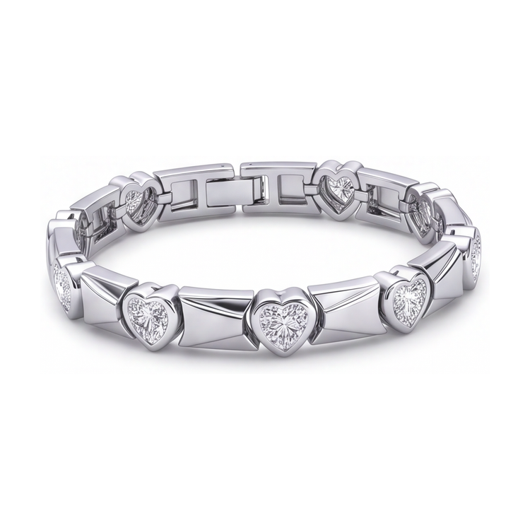 Bracelet à maillons barres cannelées et diamants taille cœur de laboratoire 5 carats en Or Blanc 14K, 7 pouces