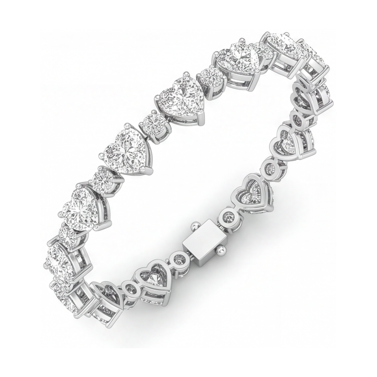 Bracelet Tennis Diamant Cœur 6 Carats de laboratoire Lunette Or Blanc 14 Carats 7 Pouces