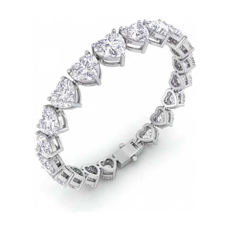 Bracelet Tennis Diamants Cœur de Laboratoire 9 Carats à Griffes en Or Blanc 14 Carats, 7 Pouces