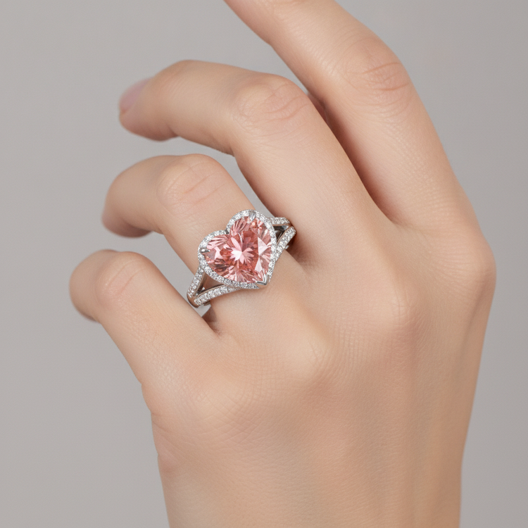 Bague Halo en Or Blanc 14 carats avec Saphir Padparadscha Véritable Taille Cœur Couleur Pêche 2,8 Carats