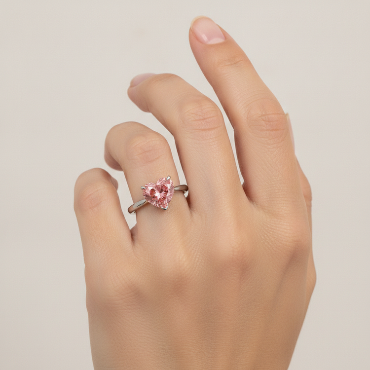 Bague de Fiançailles Solitaire Saphir Padparadscha Pêche Véritable Taille Cœur 2,5 Carats en Or Blanc 14 Carats