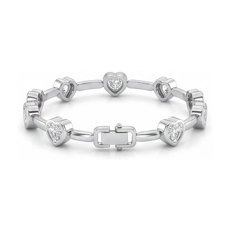 Bracelet en diamants de laboratoire 4 carats à maillons barres et cœurs en Or Blanc 14 carats, 7 pouces