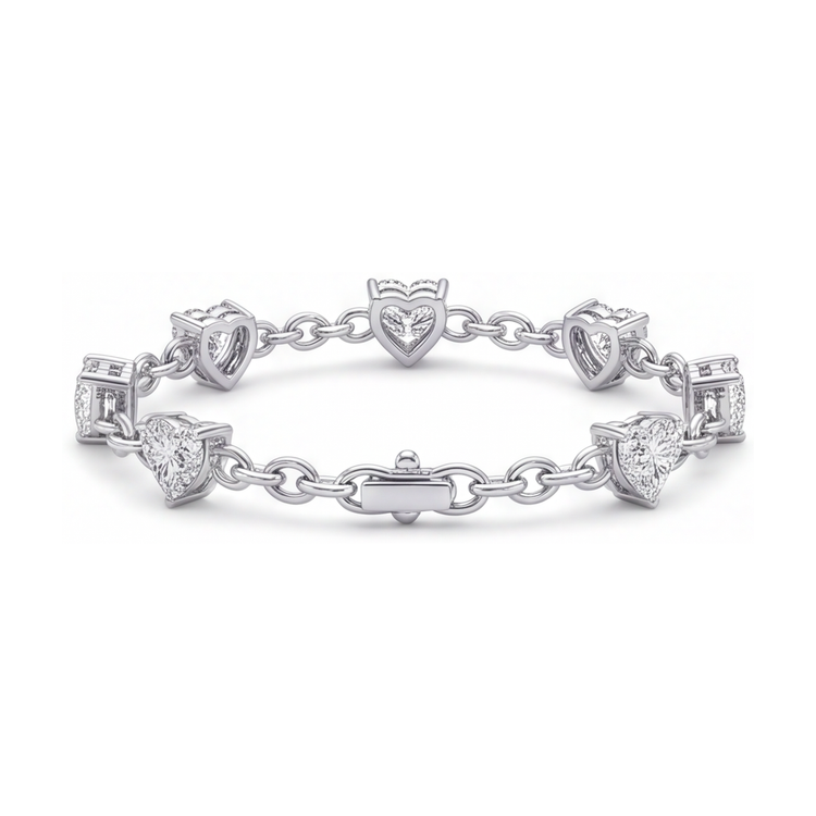 Bracelet Station Cœur en Diamants de laboratoire 3 Carats en Or Blanc 14 Carats, 7 Pouces