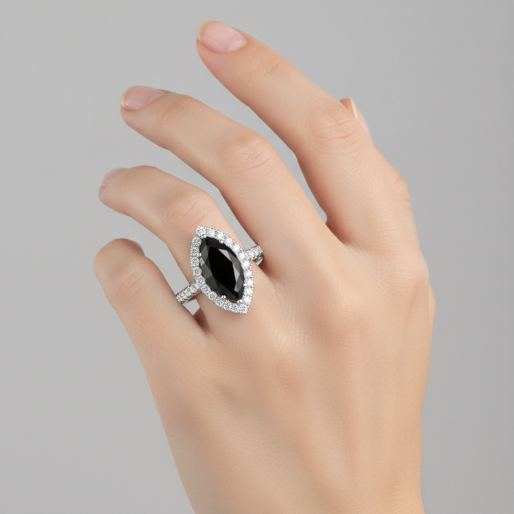 Bijoux en Diamant Noir - Bague Halo Marquise Véritable 6 Carats en Or Blanc 14 Carats