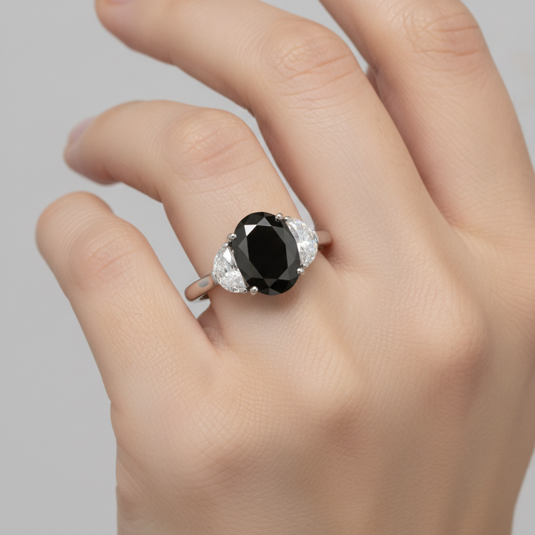 Bague de mariage trois pierres en diamant noir véritable ovale et demi-lune 4,6 carats en Or Blanc 14 carats