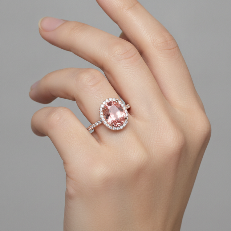 Bague Vintage avec Saphir Padparadscha Ovale Véritable de 2,8 Carats, Halo Pavé en Or Rose 14 Carats