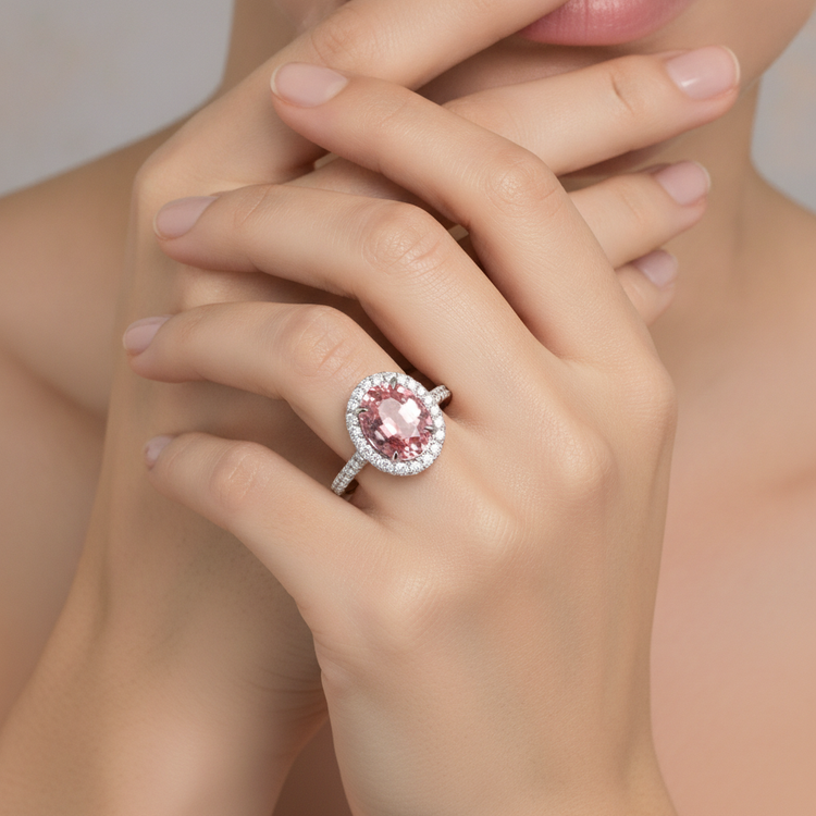 Bague de Fiançailles Halo Saphir Padparadscha Pêche Naturel Ovale 2,8 Carats en Or Blanc 14K