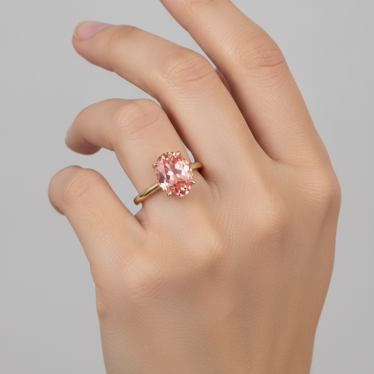 Bague Solitaire Ovale en Saphir Padparadscha Pêche Véritable 2,5 Carats en Or Jaune 14K