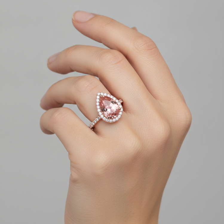 Bague Halo Pavée en Or Rose 14K avec Saphir Padparadscha Pêche Naturel Taille Poire 2,8 Carats