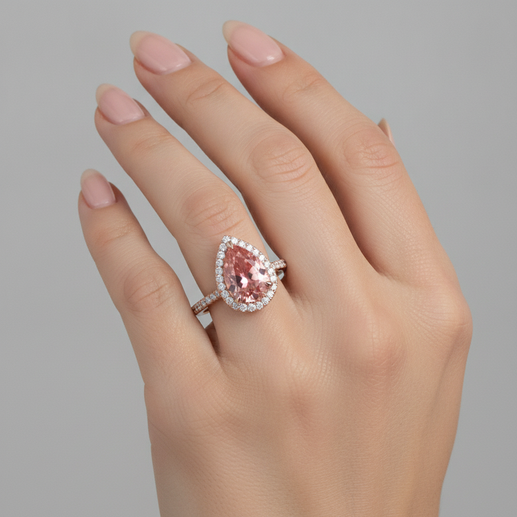 Bague de Fiançailles Saphir Padparadscha Pêche Véritable 2,8 Carats Taille Poire Halo Pavé en Or Rose 14 Carats