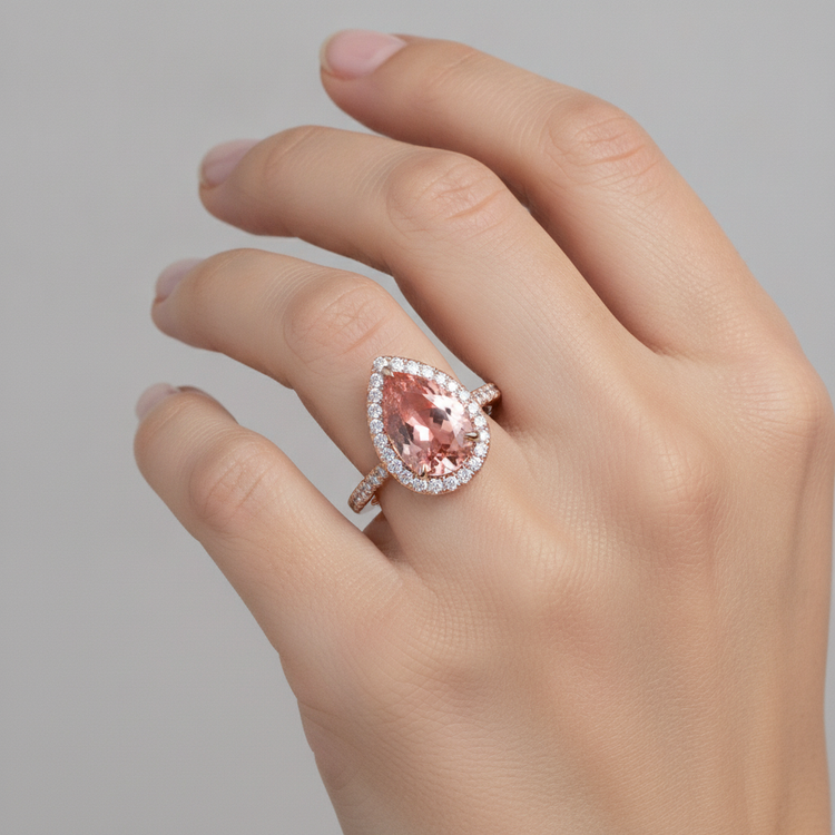 Bague en saphir pêche Padparadscha véritable taille poire 2,8 carats avec halo pavé en Or Rose 14 carats