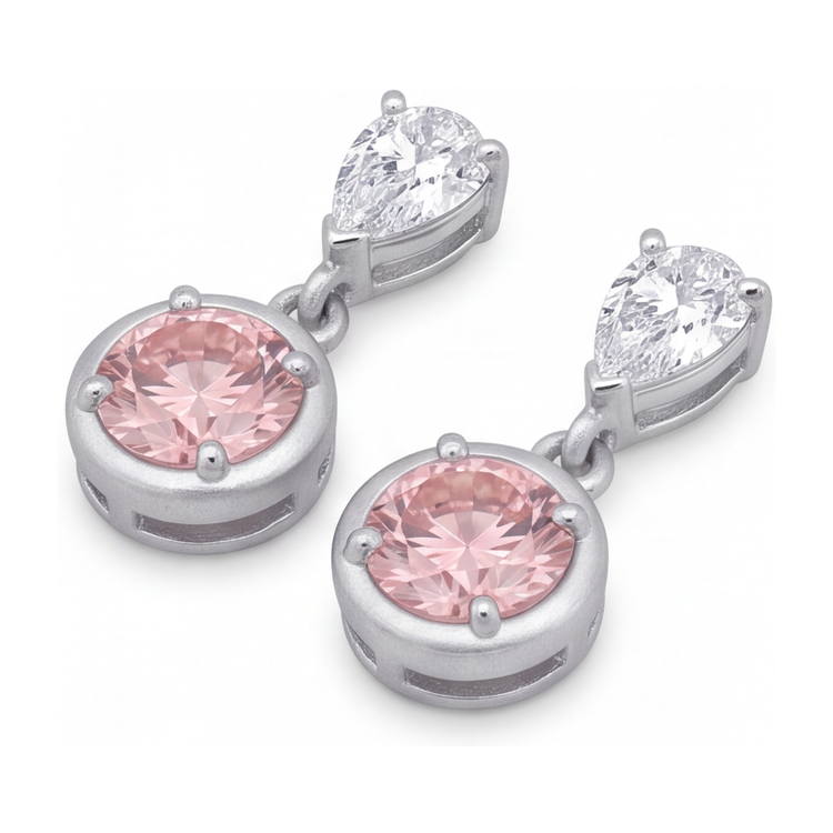 Boucles d'oreilles pendantes en diamant rose de laboratoire 3 carats, lunette ronde et têtes poire, or blanc 14K