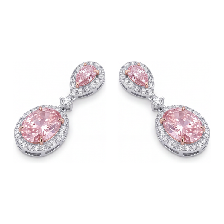 Boucles d'oreilles pendantes en diamant rose de laboratoire 4,5 carats, halo ovale et têtes poire, Or Blanc 14K