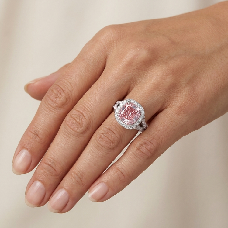 Bague de Fiançailles en Diamant Rose Taille Coussin 4,1 Carats