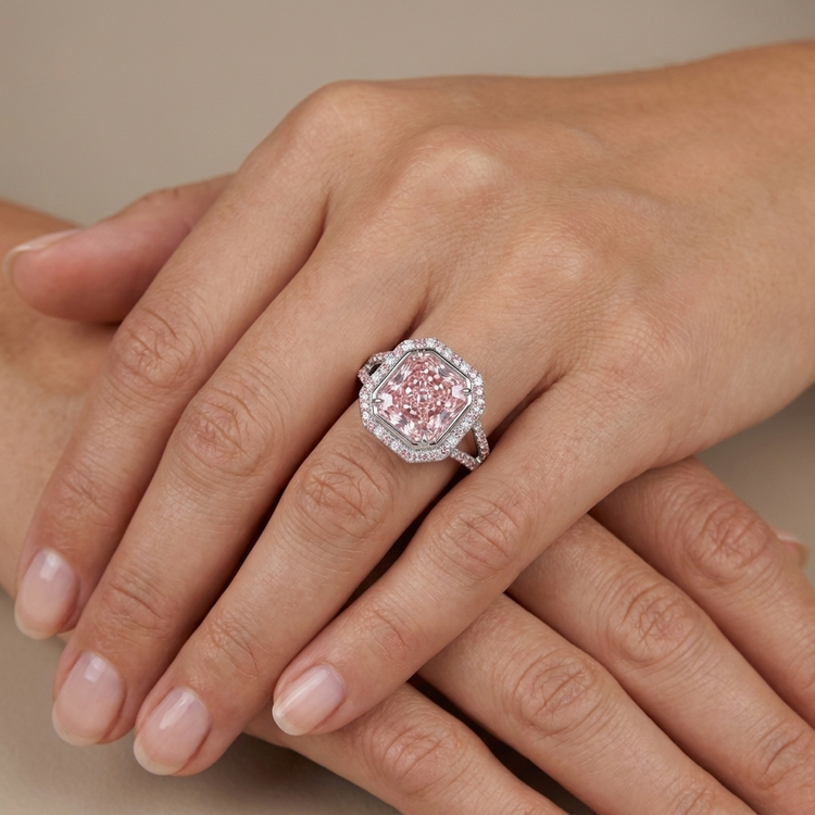 Bague diamant rose 4,6 carats taille radiant