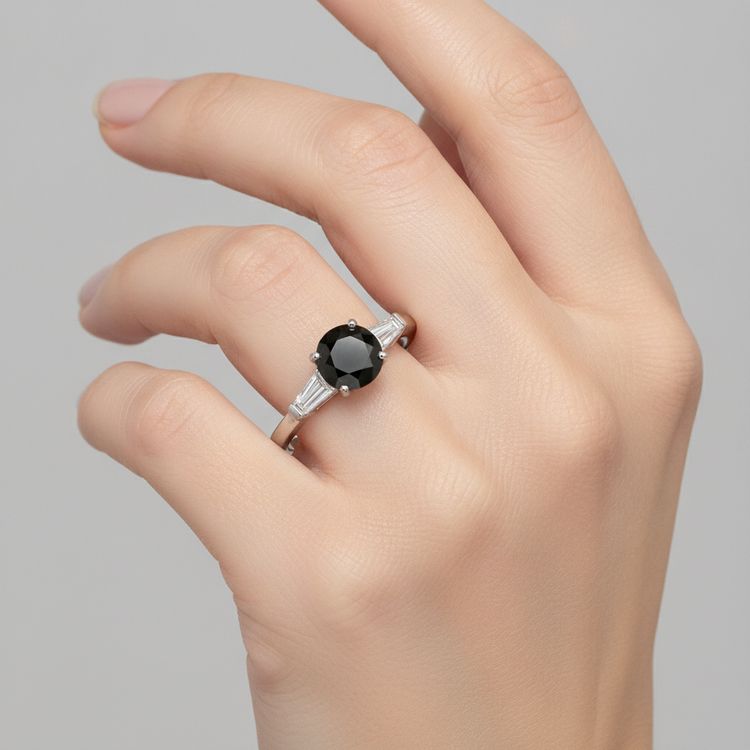 Bague trois pierres en diamant noir naturel véritable 3,6 carats rond et baguette en Or Blanc 14 carats