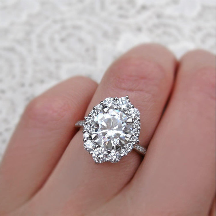 Diamant Taille Ronde Bague Halo en Or Blanc 14 Carats – vue principale
