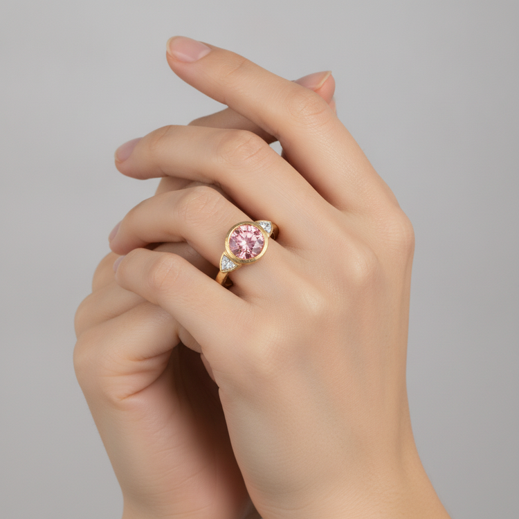 Bague Padparadscha en Or Jaune 14K, saphir rond naturel de 2,6 carats et trilliants blancs, trois pierres, lunette