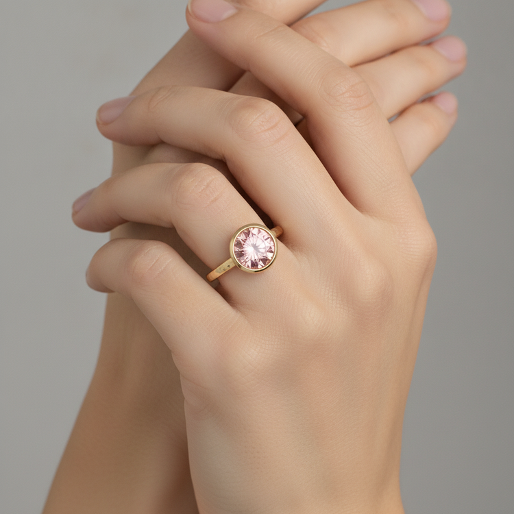 Bague de Fiançailles Solitaire Saphir Padparadscha Véritable Rond 2 Carats Lunette Or Jaune 14 Carats De Luxe