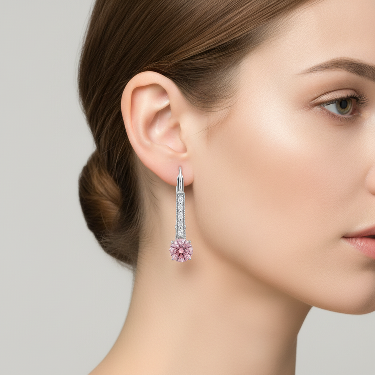 Boucles d'oreilles dormeuses en or blanc 14 carats avec diamants roses ronds de laboratoire de 2,5 carats