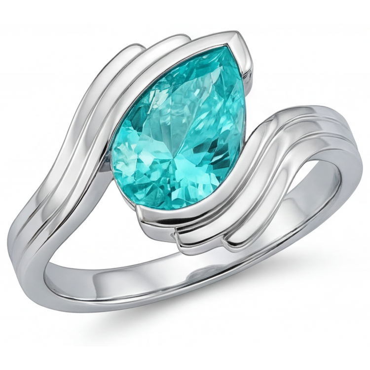Tourmaline Paraiba Taille Poire Bague Pierre Précieuse en Or Blanc 14 Carats – vue principale
