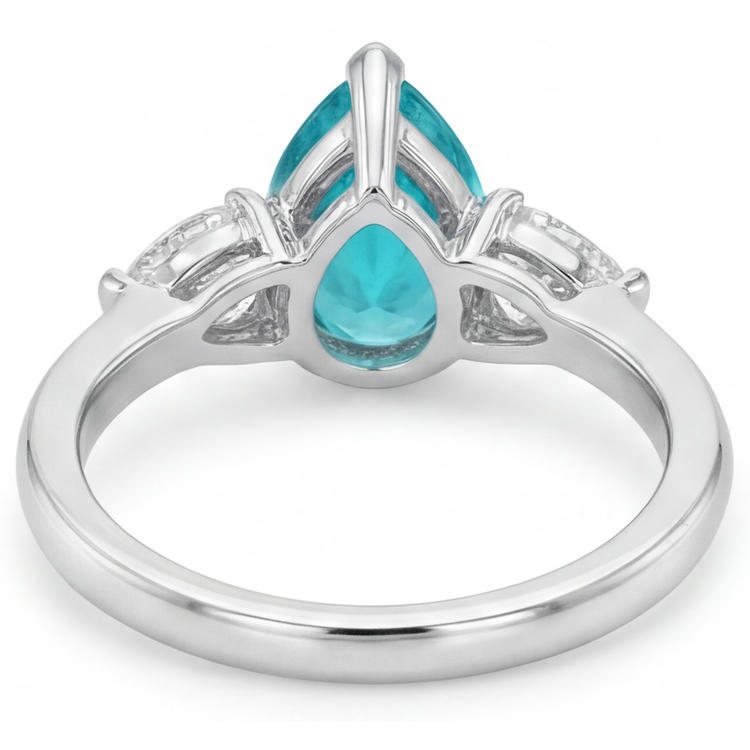 Tourmaline Paraiba Taille Poire Bague Trois Pierres en Or Blanc 14 Carats – vue de dessus