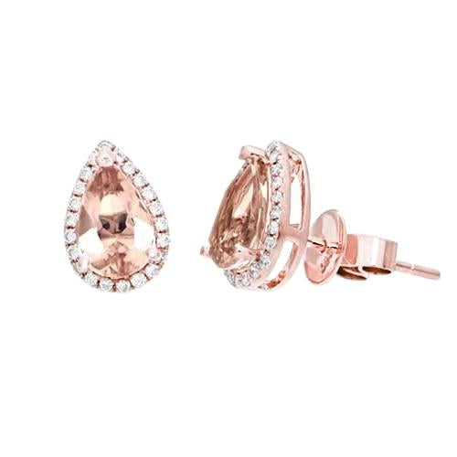 12.10 ct. boucles d'oreilles puces poire morganite et diamants ronds or 14k