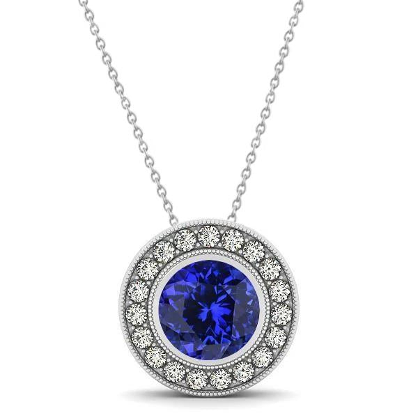17.50 ct tanzanite taille ronde avec diamants pendentif or blanc 14k