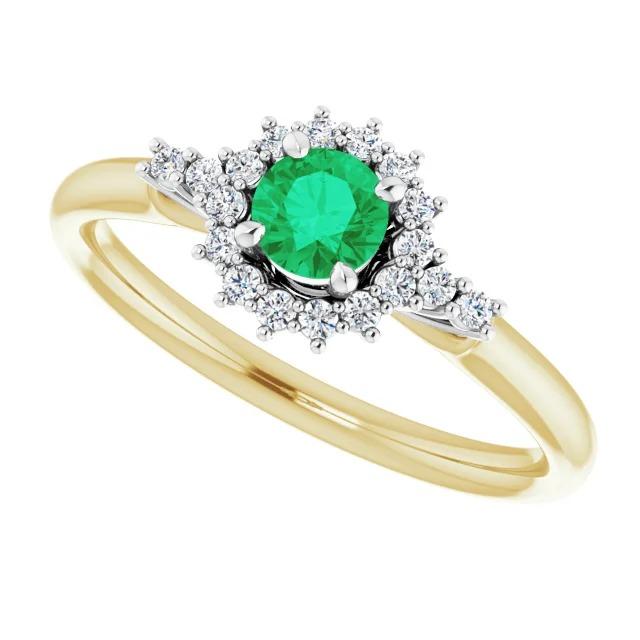 1.50 carats bague diamant rond émeraude verte deux tons or 14k