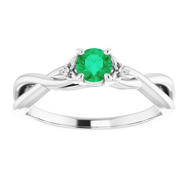 1.50 carats bague émeraude verte tige torsadée or blanc 14k