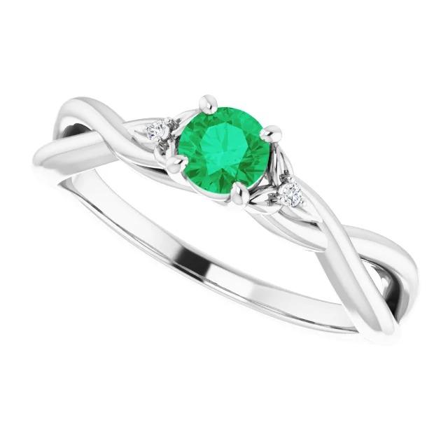 1.50 carats bague émeraude verte tige torsadée or blanc 14k