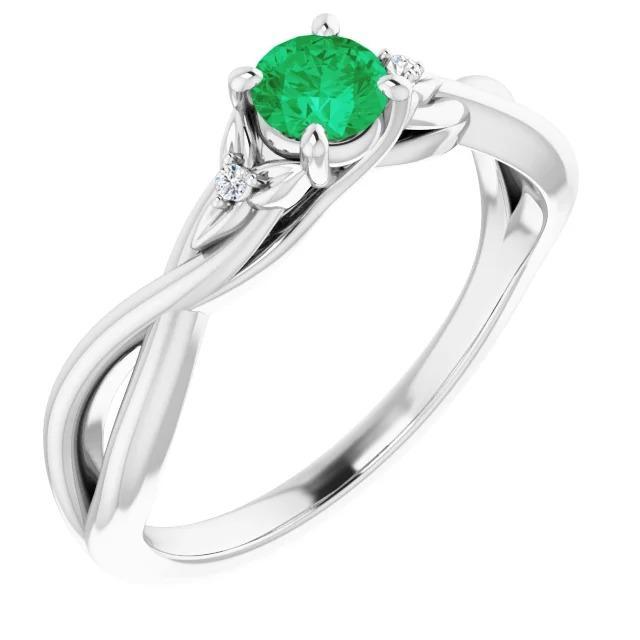 1.50 carats bague émeraude verte tige torsadée or blanc 14k