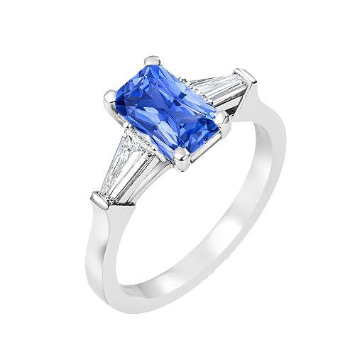 2 carats bijoux femme bague saphir bleu baguette conique 3 pierre