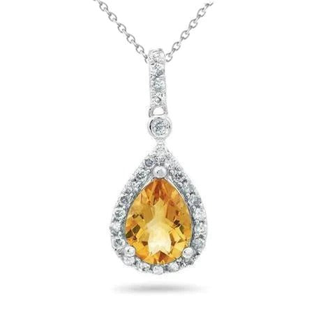 20 Ct Poire Madère Citrine Avec Diamants Pendentif & Chaîne Or Blanc